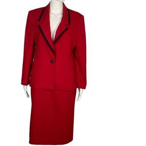 Koret Vintage Petites Sz 10 Red Black Trim 2 Piece Blazer Skirt Wool Blend Suit